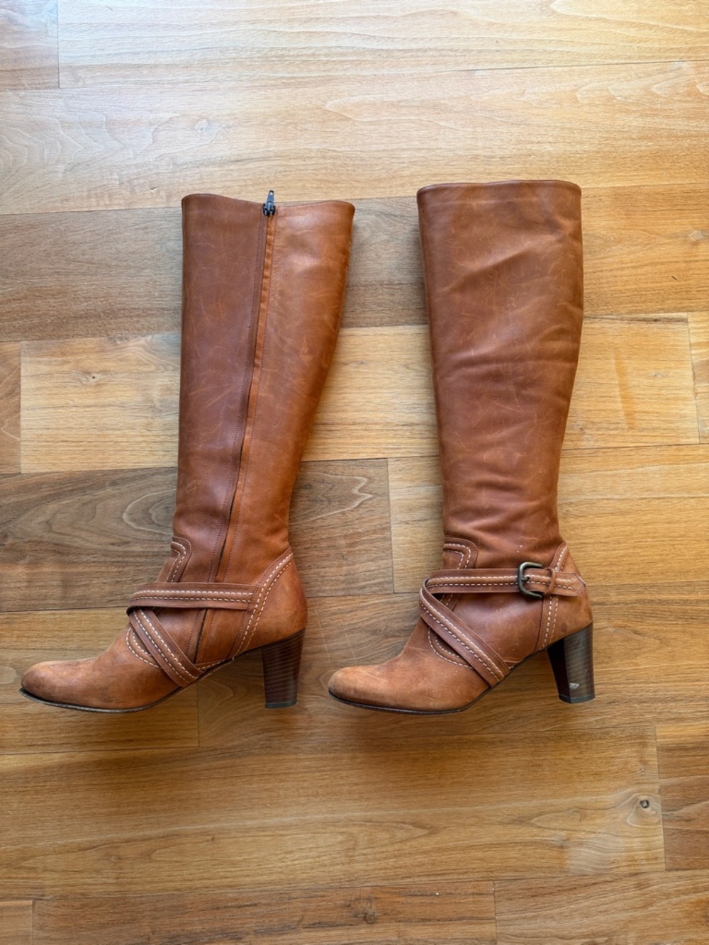 Johnston & Murphy Brown “Eleanor Belted” Leather Knee-High Buckle Heeled Boots